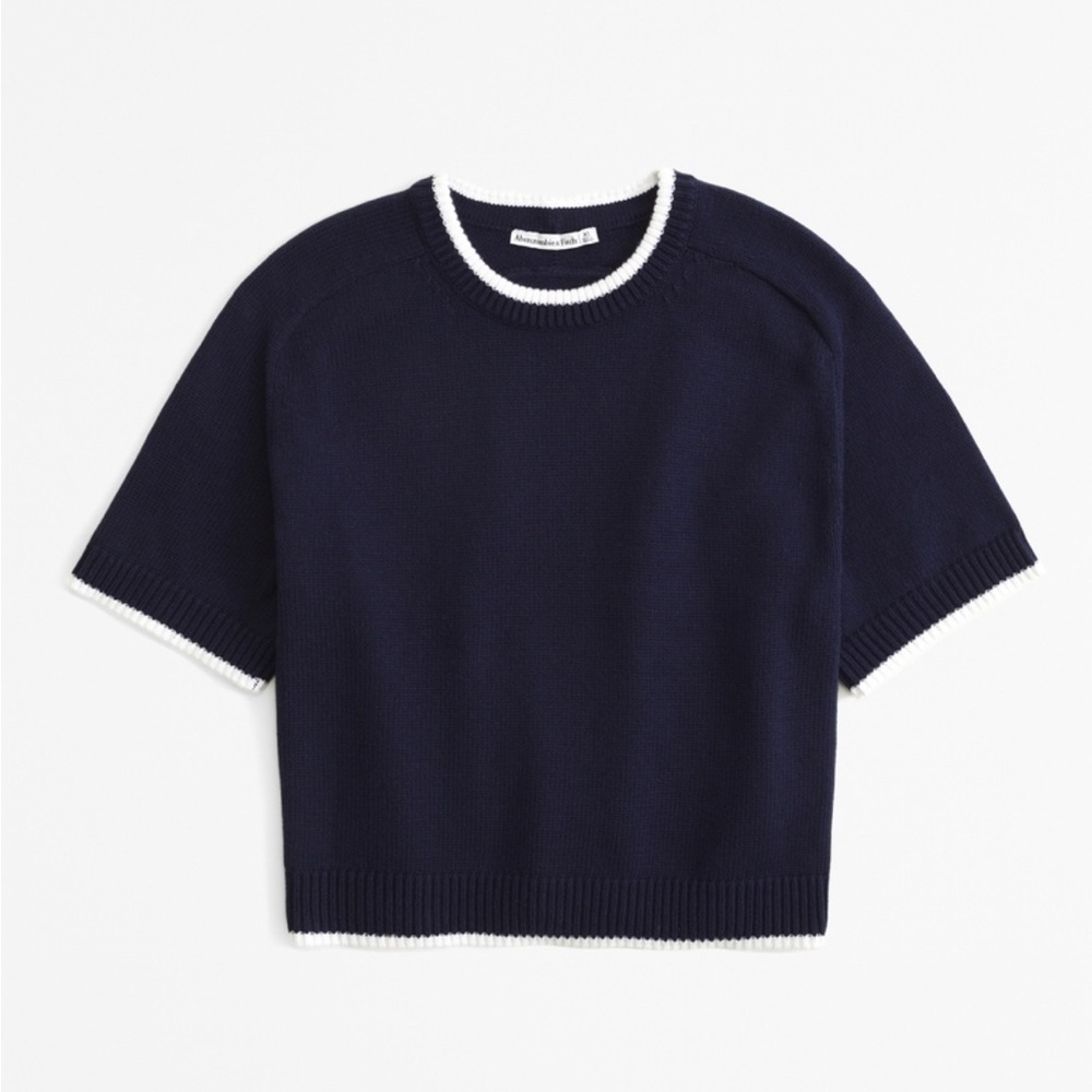 Abercrombie and Fitch Madeline Crew Sweater Tee, Navy Blue and Cream, Size XS